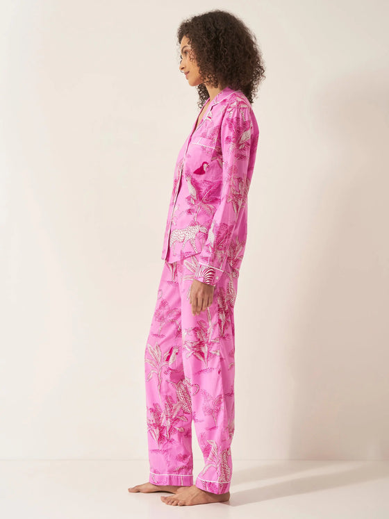 Pink Botanical Jungle Women's Long Sleeve Organic Cotton Pyjama Trouser Set Myza