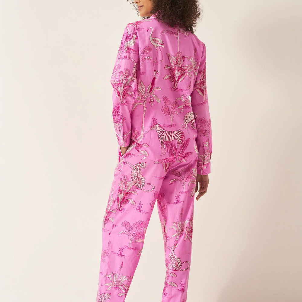 Pink Botanical Jungle Women's Long Sleeve Organic Cotton Pyjama Trouser Set Myza