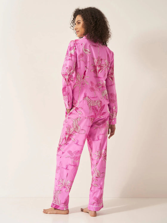 Pink Botanical Jungle Women's Long Sleeve Organic Cotton Pyjama Trouser Set Myza