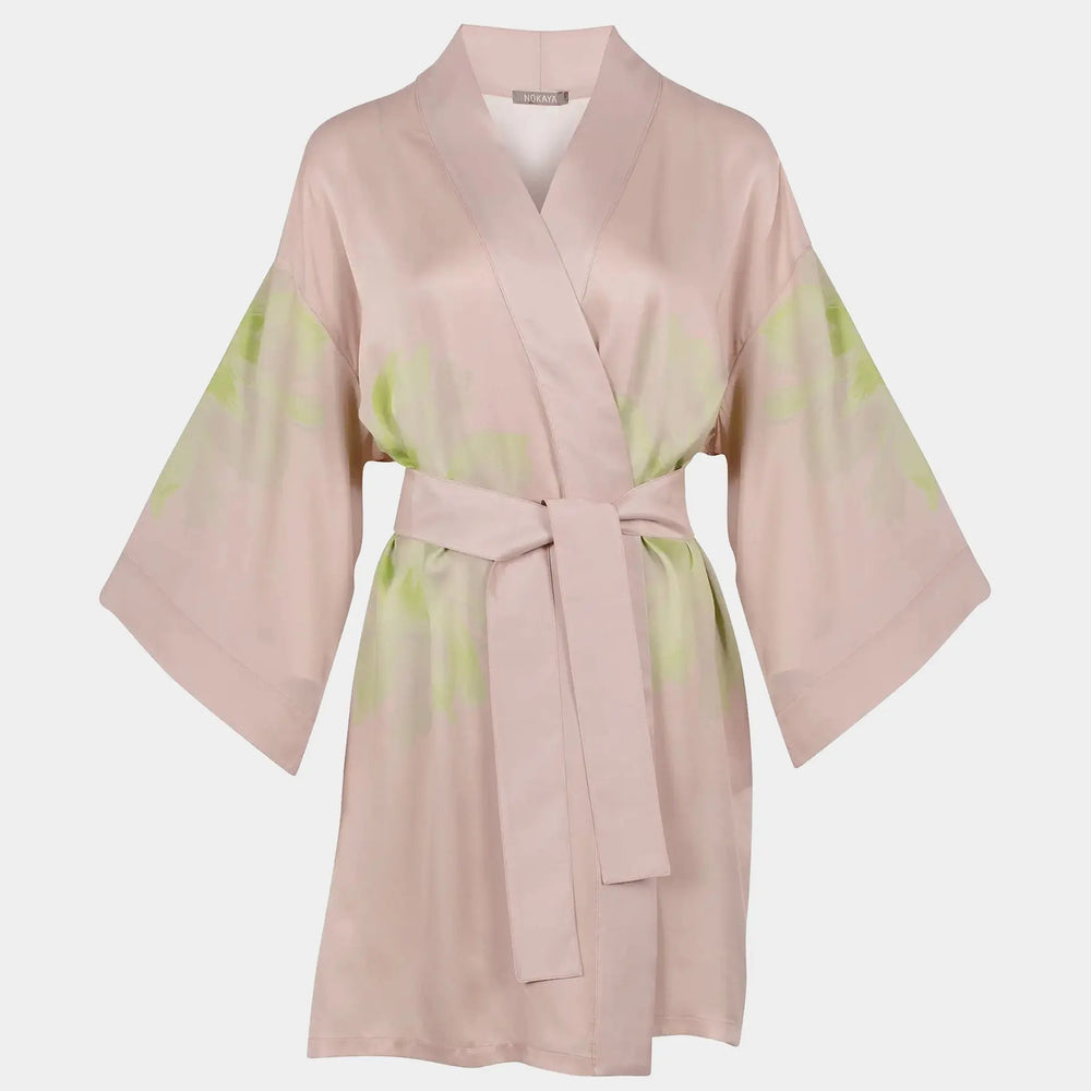 Pink Flower Silk Dreamscape Short Kimono Robe NOKAYA