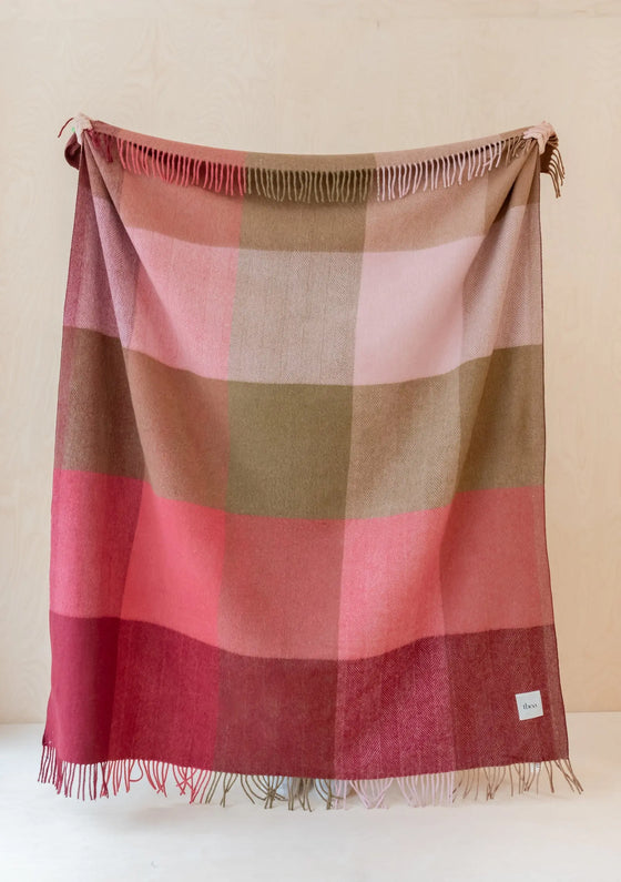 Pink Herringbone Block Check Recycled Wool Blanket