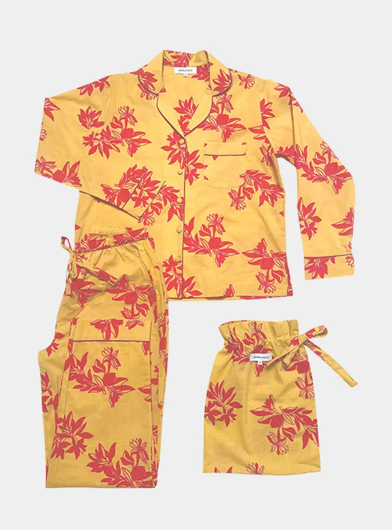 Yellow/ Pink Matching Set in  Cartagena Print Long Sleeve Pyjamas AMOKA DALO