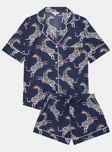  Pink Zebra on Navy Women's Short Sleeve Organic Cotton Pyjama Short Set Myza