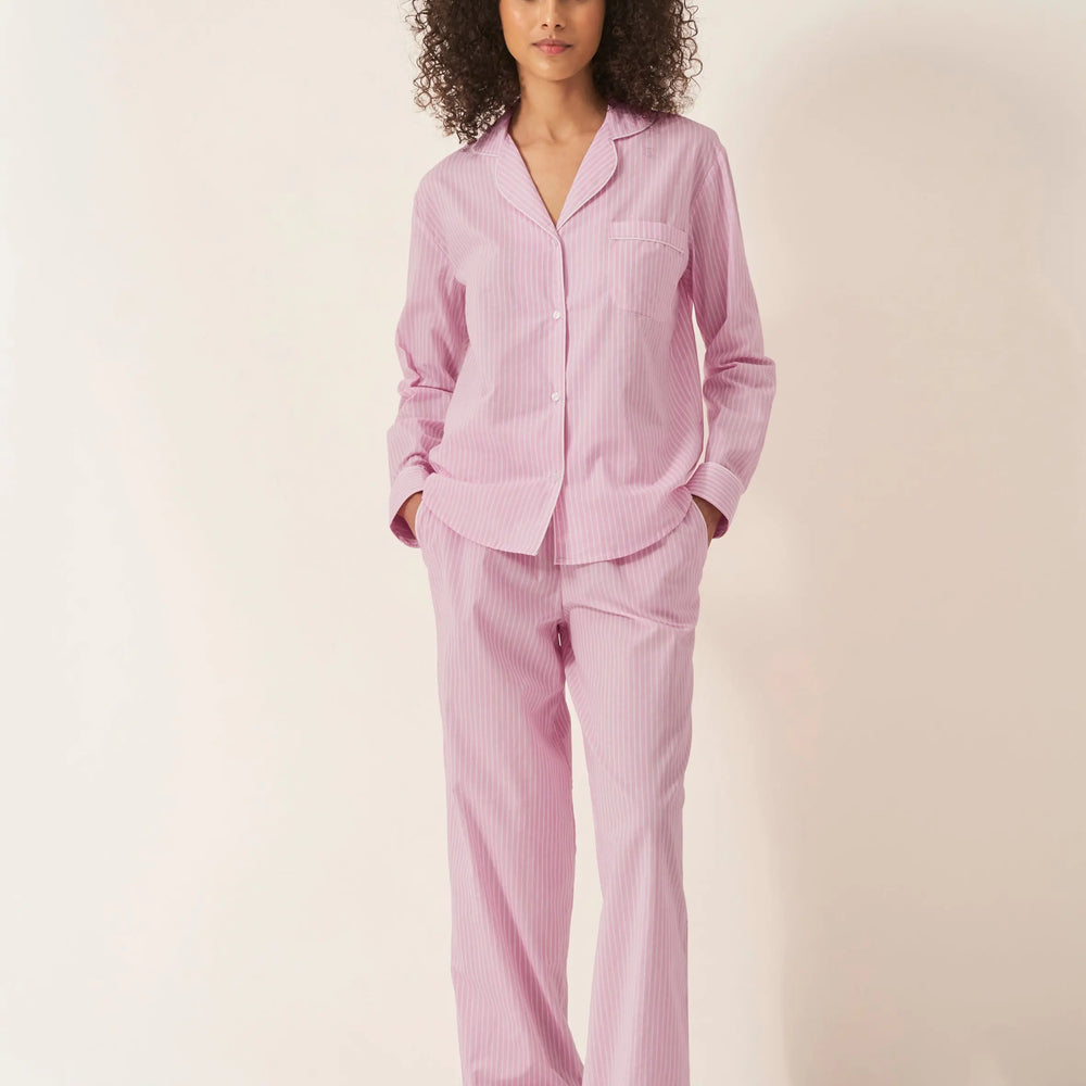 Pink & White Stripe Women's Long Sleeve Organic Cotton Pyjama Trouser Set Myza