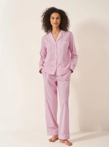  Pink & White Stripe Women's Long Sleeve Organic Cotton Pyjama Trouser Set Myza