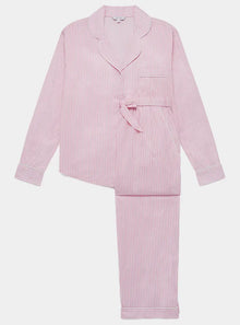  Pink & White Stripe Women's Long Sleeve Organic Cotton Pyjama Trouser Set Myza