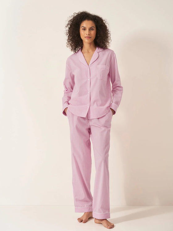 Pink & White Stripe Women's Long Sleeve Organic Cotton Pyjama Trouser Set Myza