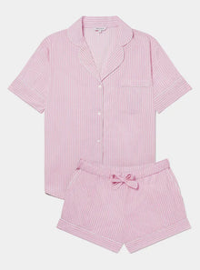  Pink & White Stripe Women's Short Sleeve Organic Cotton Pyjama Short Set Myza