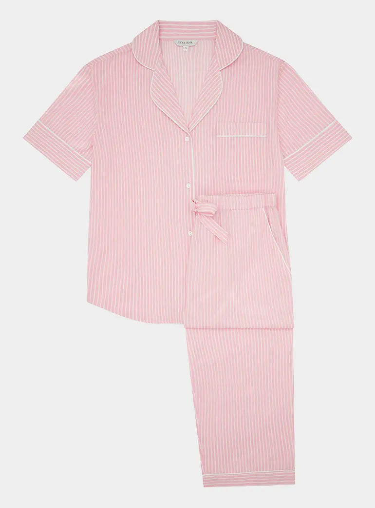 Pink & White Stripe Women's Short Sleeve Organic Cotton Pyjama Trouser Set Myza