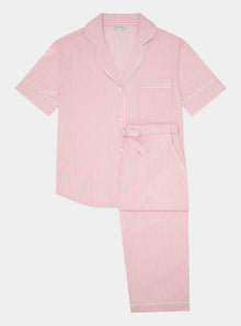  Pink & White Stripe Women's Short Sleeve Organic Cotton Pyjama Trouser Set Myza