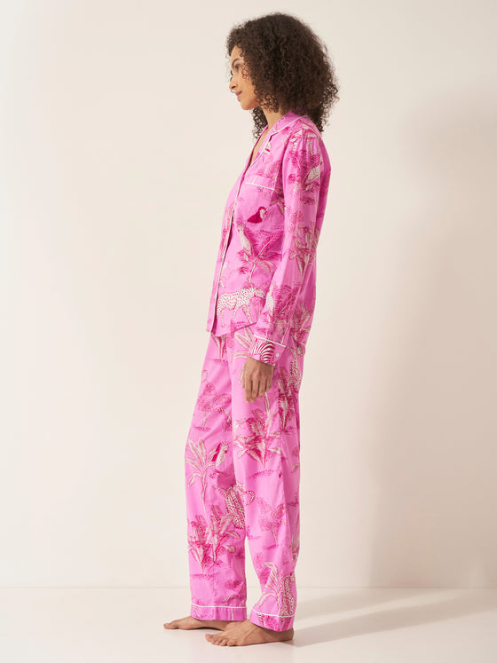 Pink Botanical Jungle Women's Long Sleeve Organic Cotton Pyjama Trouser Set