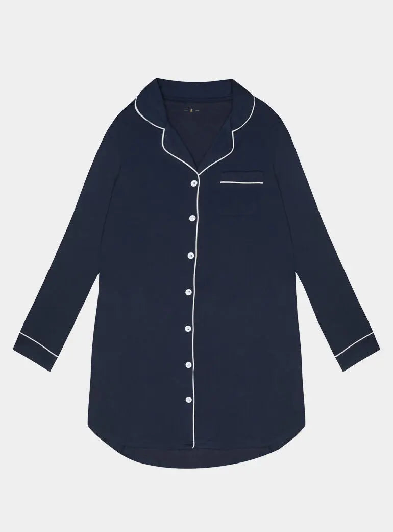 Piped Edge Bamboo Night Shirt in Black Made Wright London