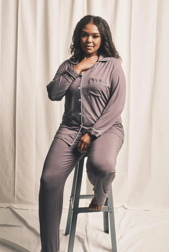 Piped Edge Bamboo Pyjama Set in Charcoal Grey Made Wright London