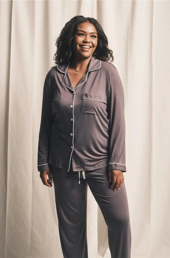 Piped Edge Bamboo Pyjama Set in Charcoal Grey Made Wright London