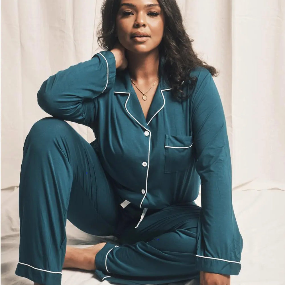 Piped Edge Bamboo Pyjama Set in Emerald Made Wright London