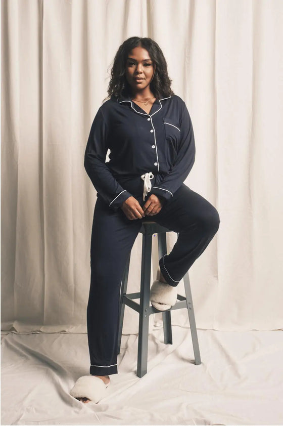 Piped Edge Bamboo Pyjama Set in Navy Made Wright London