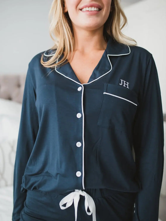 Piped Edge Bamboo Pyjama Set in Navy Made Wright London