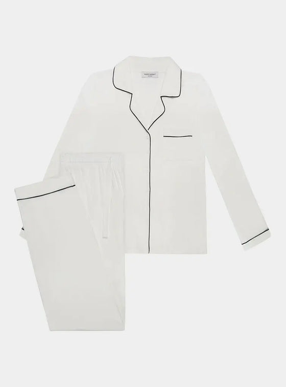 Piped Edge Bamboo Pyjama Set in White Made Wright London