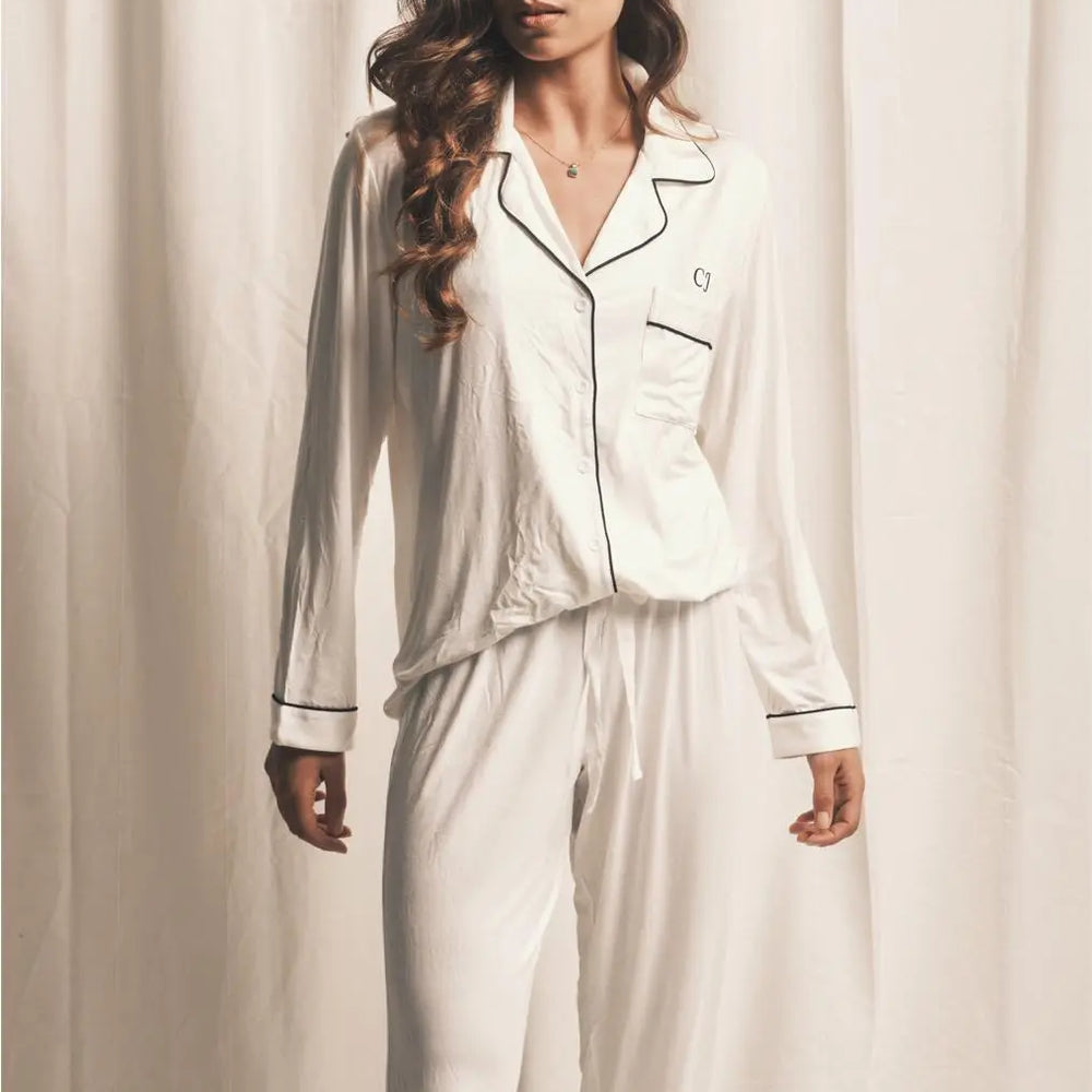 Piped Edge Bamboo Pyjama Set in White Made Wright London