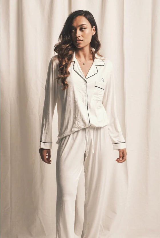 Piped Edge Bamboo Pyjama Set in White Made Wright London