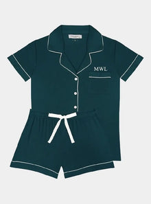  Piped Edge Bamboo Short Pyjama Set in Emerald Made Wright London