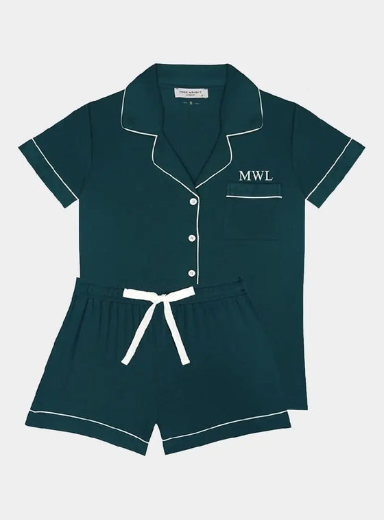 Piped Edge Bamboo Short Pyjama Set in Emerald Made Wright London