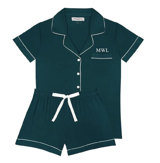 Piped Edge Bamboo Short Pyjama Set in Emerald Made Wright London