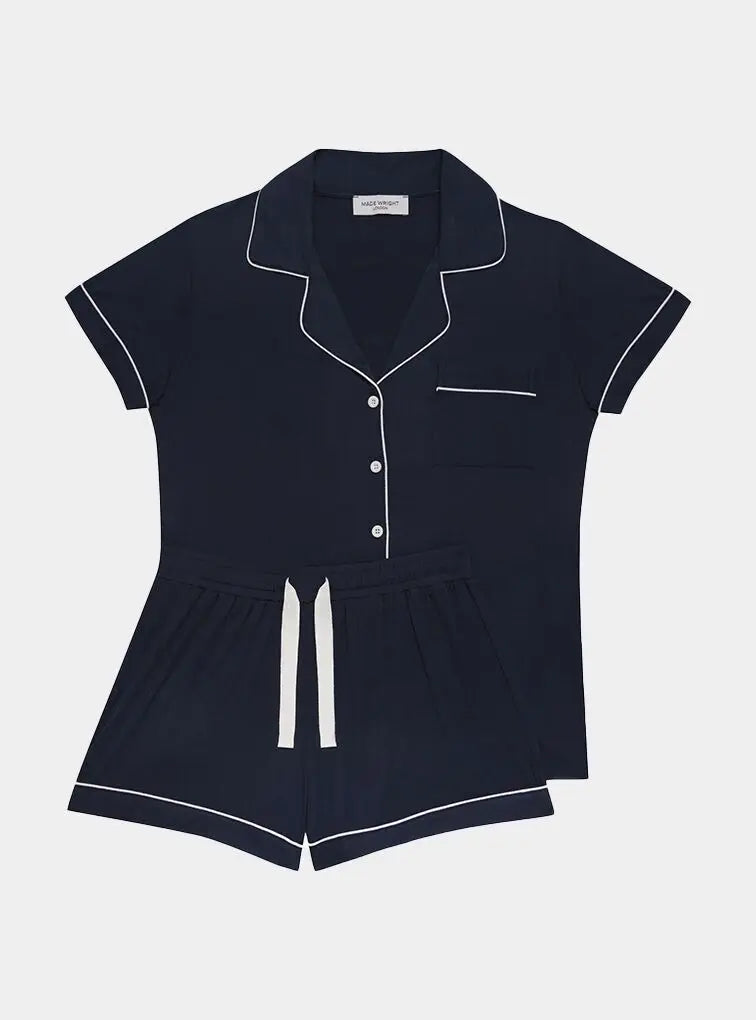 Piped Edge Bamboo Short Pyjama Set in Navy Made Wright London