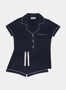  Piped Edge Bamboo Short Pyjama Set in Navy Made Wright London