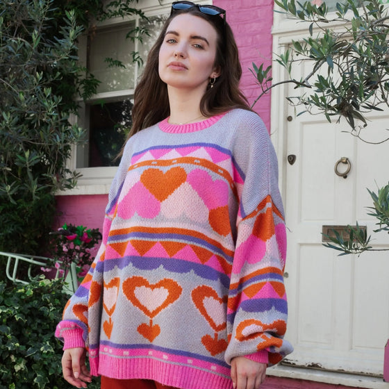 Poppy Heart Intarsia Balloon Sleeve Oversized Jumper - Blue Cara & The Sky