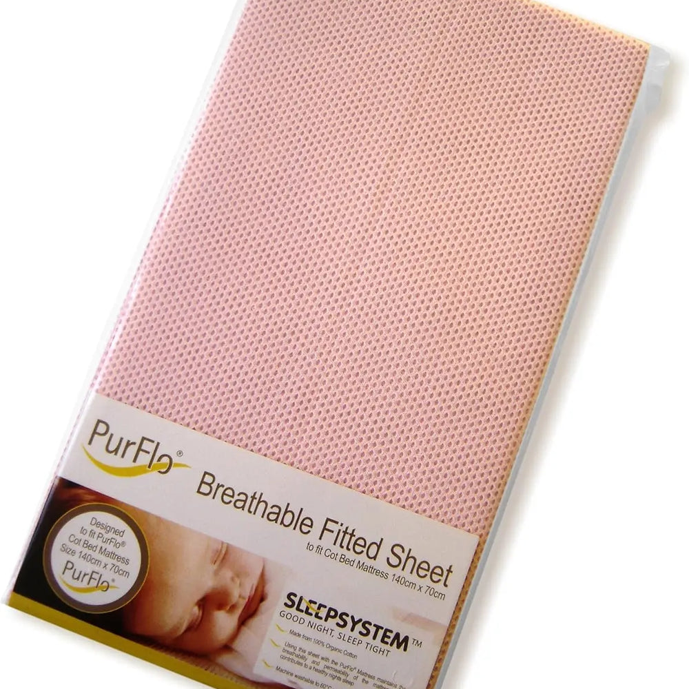 PurFlo Breathable Fitted Cot Sheet Light Pink - 120 X 60cm Purflo