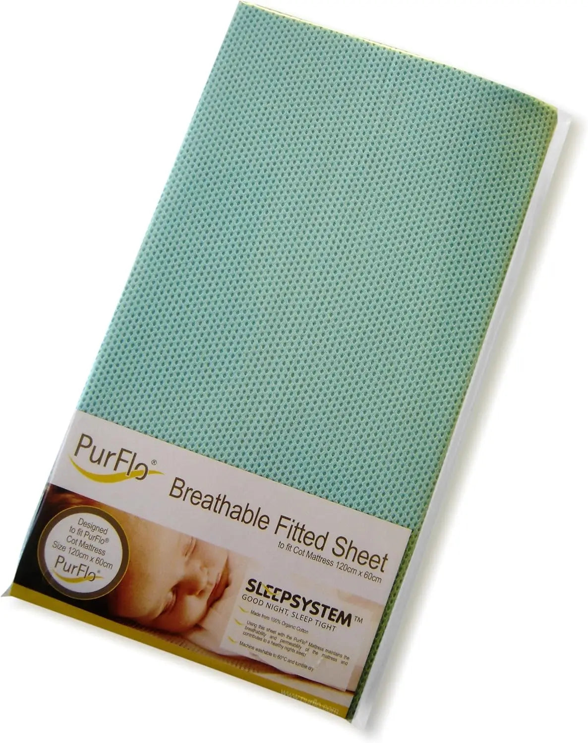 PurFlo Breathable Fitted Cot Sheet Mint  - 120 X 60cm Purflo