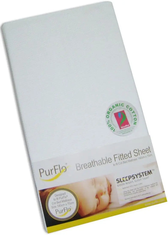 PurFlo Breathable Fitted Cot Sheet White - 120 X 60cm Purflo