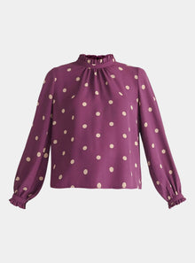  Purple and Cream Pleated Collar Polka Dot Blouse Paisie