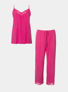  Raspberry Bamboo Lace Cami Cropped Trouser Pyjama Set Pretty You London