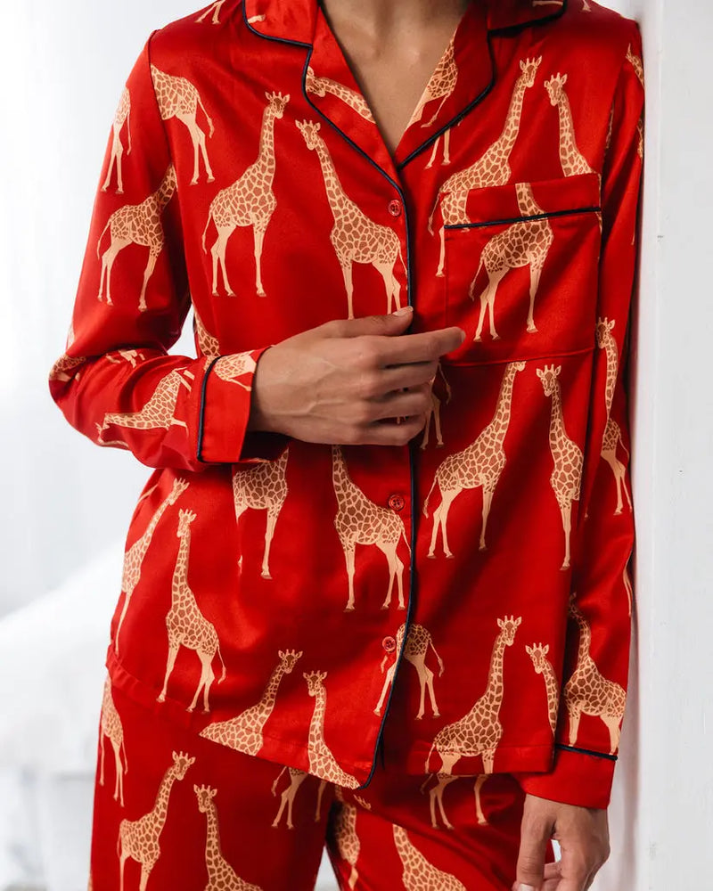 Red Giraffe Satin Women's Long Pyjama Set Chelsea Peers