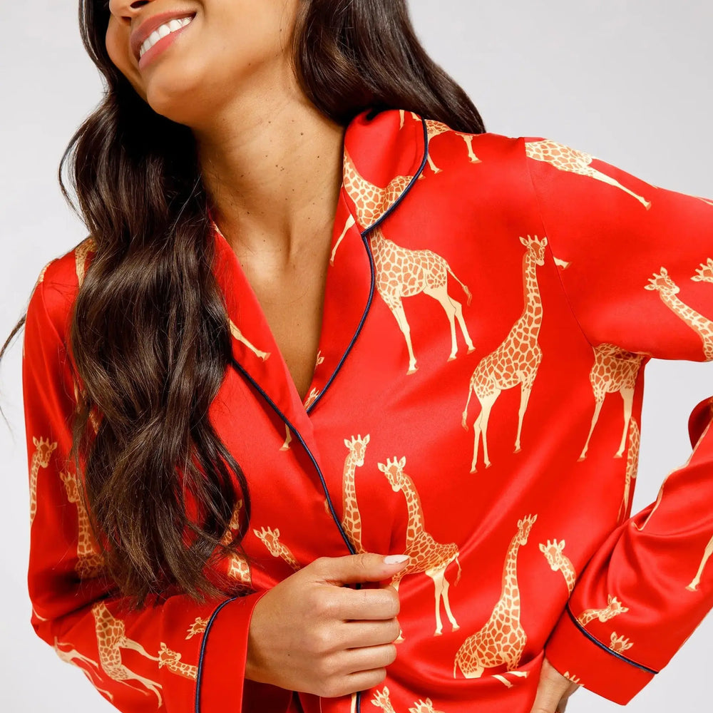 Red Giraffe Satin Women's Long Pyjama Set Chelsea Peers