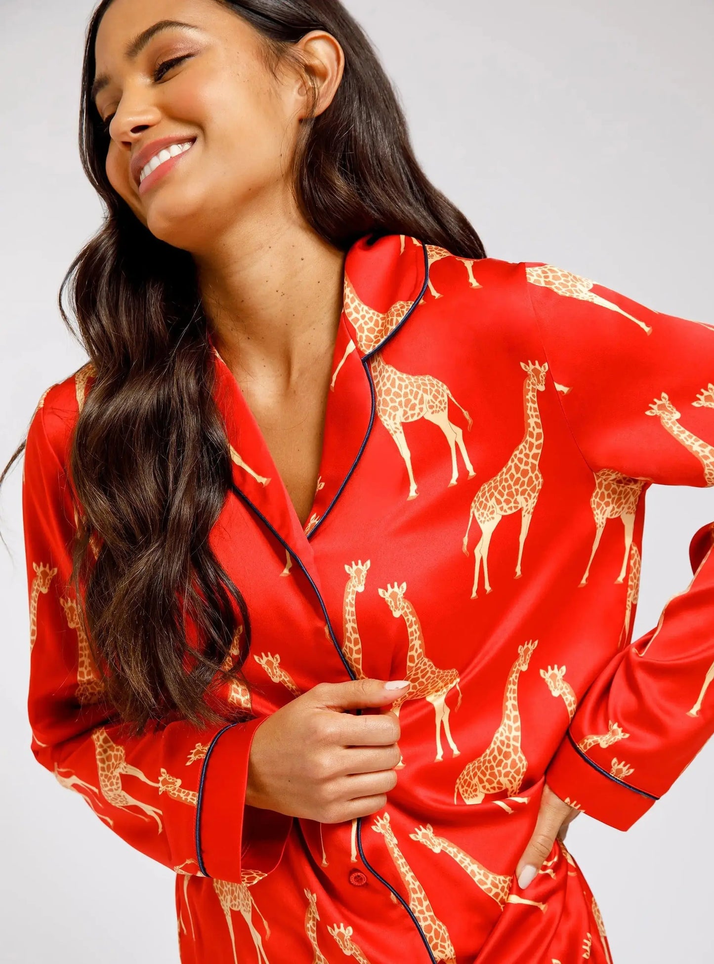 Red Giraffe Satin Women's Long Pyjama Set Chelsea Peers