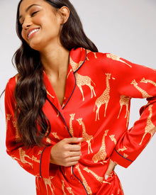  Red Giraffe Satin Women's Long Pyjama Set Chelsea Peers