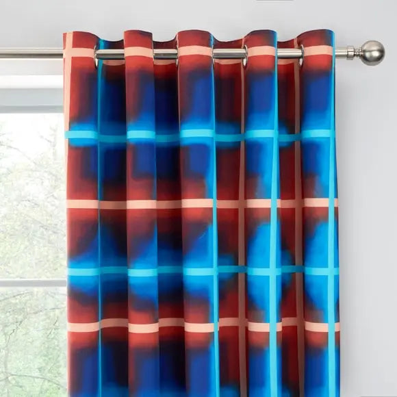 Red & Blue Neon Checks Blackout Eyelet Curtains Dunelm