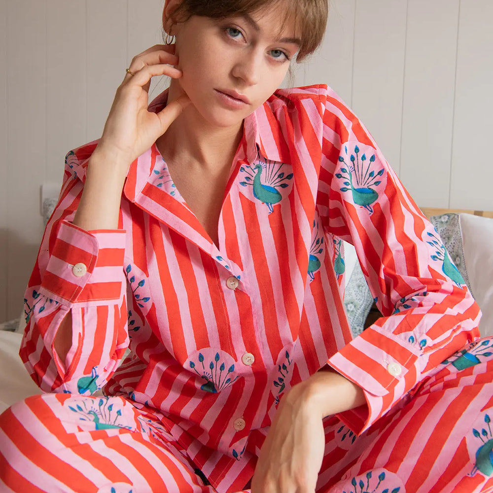 Red & Pink Stripe Peacock Women's Pyjama Trouser Set Lulu and Nat