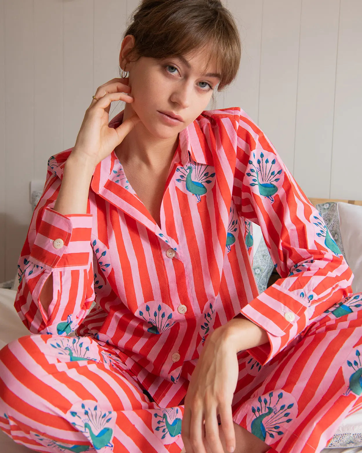 Red & Pink Stripe Peacock Women's Pyjama Trouser Set Lulu and Nat