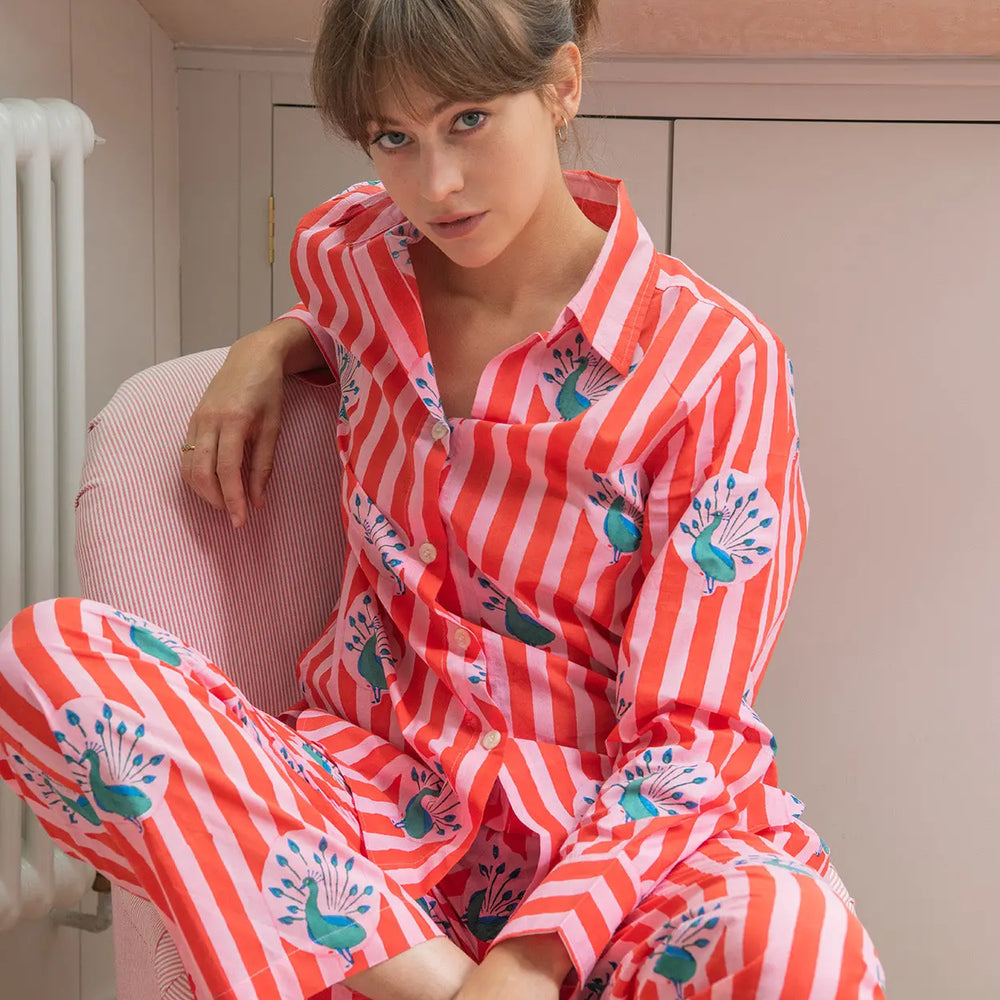 Red & Pink Stripe Peacock Women's Pyjama Trouser Set Lulu and Nat