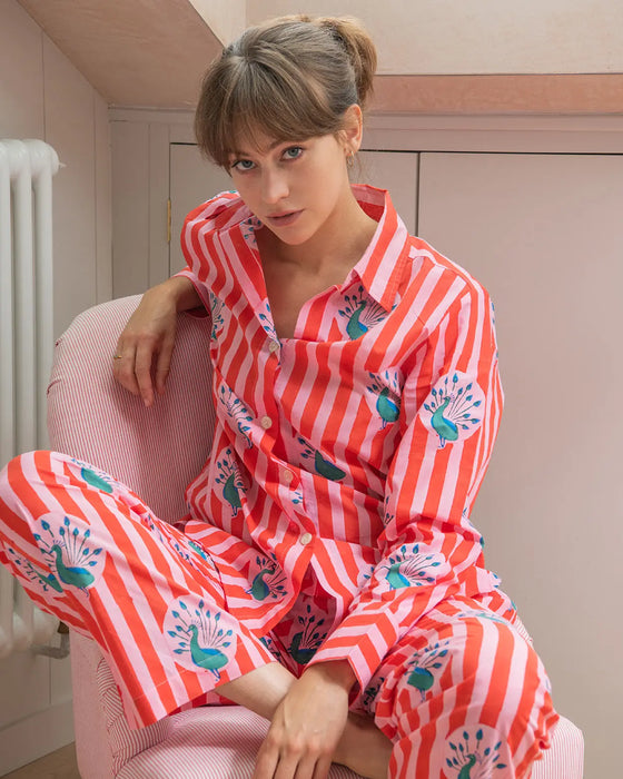 Red & Pink Stripe Peacock Women's Pyjama Trouser Set Lulu and Nat