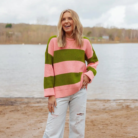 Rhiannon Recycled Cotton Mix Stripe Jumper - Pink and Green Cara & The Sky