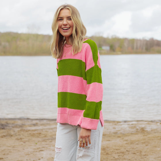 Rhiannon Recycled Cotton Mix Stripe Jumper - Pink and Green Cara & The Sky