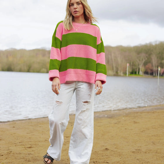 Rhiannon Recycled Cotton Mix Stripe Jumper - Pink and Green Cara & The Sky