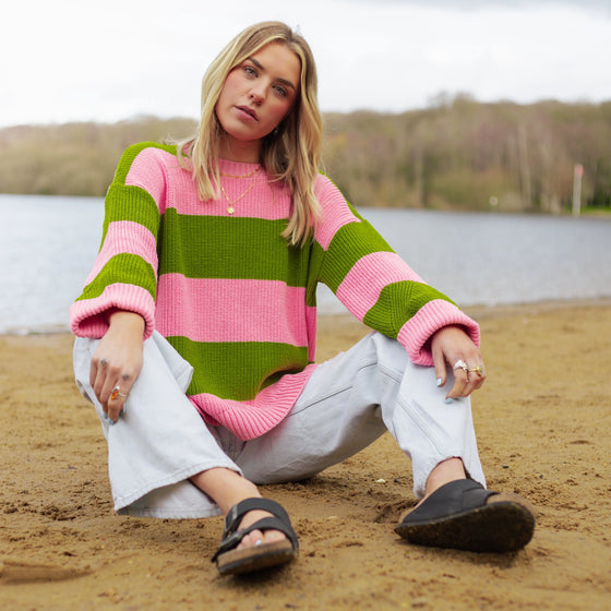 Rhiannon Recycled Cotton Mix Stripe Jumper - Pink and Green Cara & The Sky