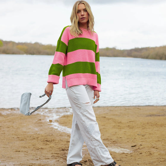 Rhiannon Recycled Cotton Mix Stripe Jumper - Pink and Green Cara & The Sky