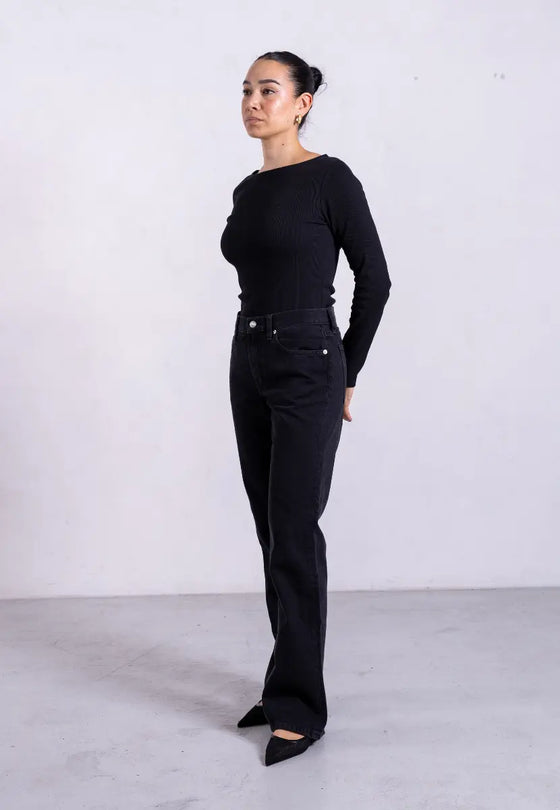 Ribbed Boat Neck Long Sleeve T-Shirt, Black Pantee